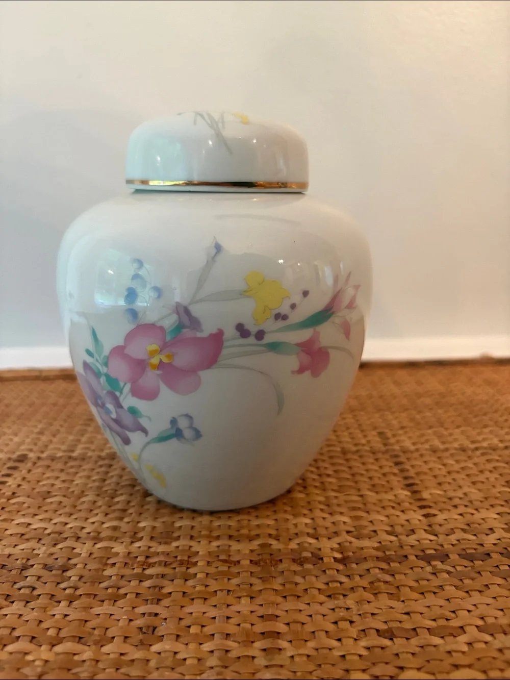Srednick Collection Porcelain Ginger Jar, Made in Japan, Floral Motif, Gold Trim